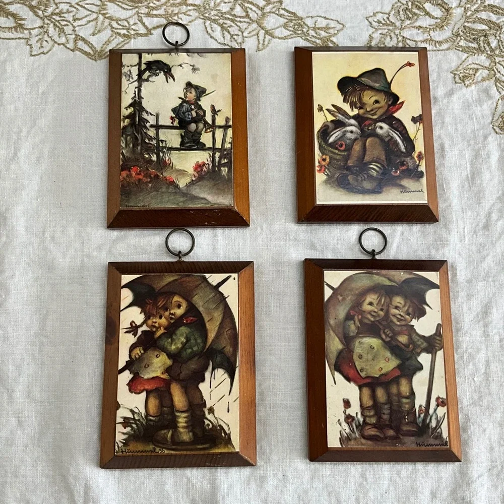 Vintage Hummel Wood Wall Plaques Set of 4 Children Umbrella Rabbits Crow Signed